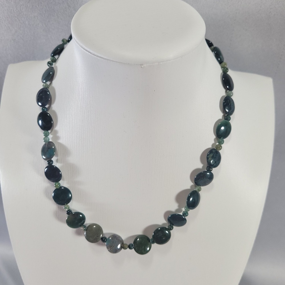 Moss Agate Sterling Silver Beaded Necklace Women 16" Green 925 Toggle Clasp